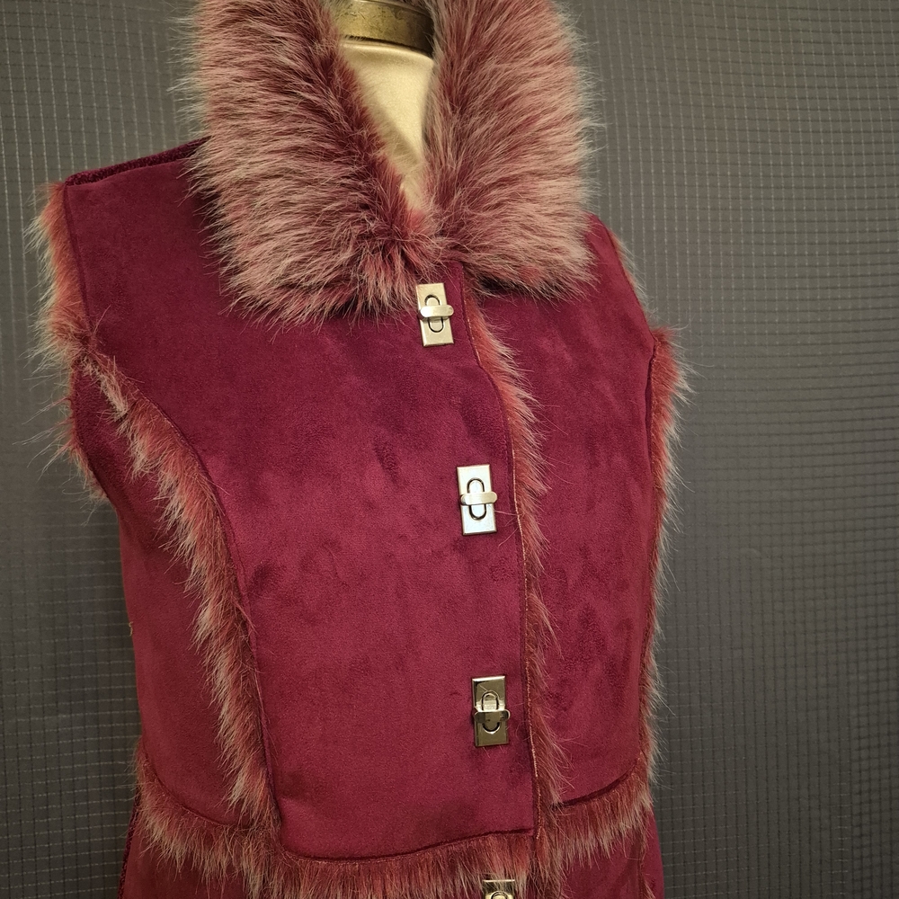 Lisa International Red Faux Fur Trim Vest